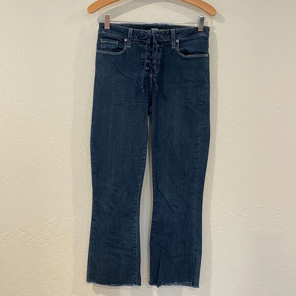 ~ PAIGE 31 Colette Flare Jeans* Stretch Women's Dark Blue Wash Lace Up Front HTF - Picture 2 of 13